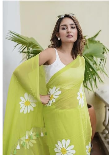 Image of Lilan Cotton Saree with White Daisy Floral Prints Tassel Pallu Lightweight Summer Saree