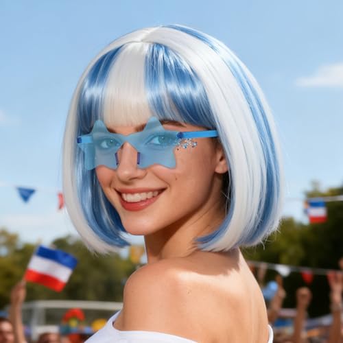 Image of ANOGOL Hair Cap + (Sunglasses) Blue White Bob Wig with Bangs Womens Blue White Party Wigs with Sunglasses Short Neon Wig Fun Wigs Halloween Costume Bachelorette Hair Sports Event St Patrick Day