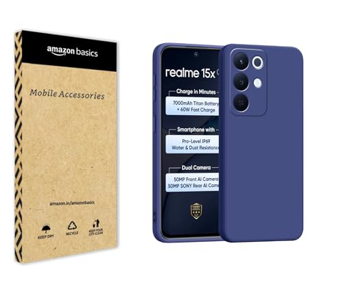 Image of amazon basics Back Cover for Realme 15X 5G | Ultra Slim Soft Rubberised Case | Matte Silicone Flexible Mobile Case | Camera Protection - Blue