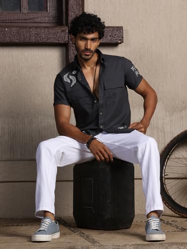 Image of Thomas Scott Men's | Embroidered Printed | Half Sleeve | Regular Fit | 100% Cotton | Double Pocket | Spread Collar | Casual Shirt