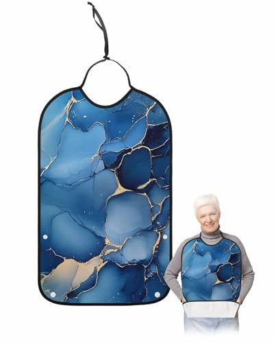 Onekaccu Marble Blue Adult Bibs for Elderly Women Men Washable Bibs for Eating, Minimalist Geometric Gold Crack Ripples Waterproof Clothing Protectors Adult Bibs with Crumb Catcher