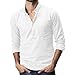 Polo da uomo in lino, con bottoni, maniche lunghe, da uomo, a maniche lunghe, in cotone, per torne/down, collo a maniche lunghe, motivo baggy lino, A-bianco., L