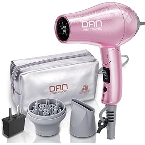 DAN Technology Travel Dual Voltage Mini Blow Dryer with Concentrator,Small Hair Dryer with Diffuser,European Hair Dryer with European Plug,Pink Blow Dryer for Women Cover