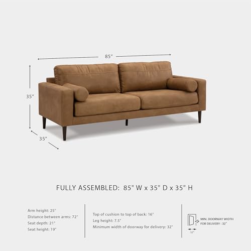 Image of Signature Design by Ashley Telora Faux Leather 3 Seater Sofa Couch, Caramel | Medium plush fiber-wrapped foam seating, Track arms, Loose back cushions, Mid-century modern style