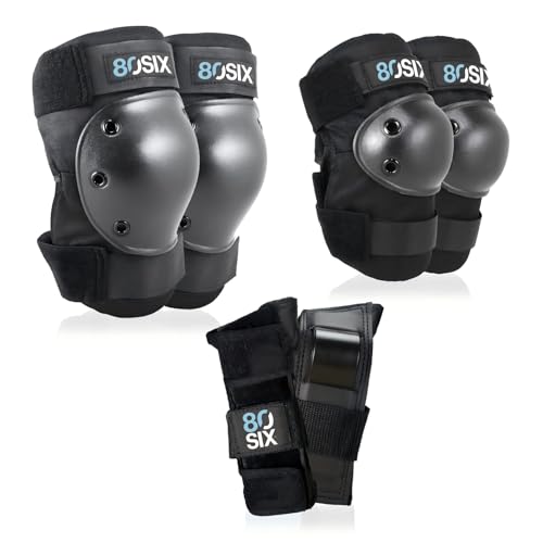 80SIX Kinder & Erwachsene Knieschoner, Ellenbogenschoner und Handgelenkschoner – [6er] Protektoren Set Schutzausrüstung für Skateboard, Scooter, Rollschuhe, Inliner & Longboard, Schwarz S/M