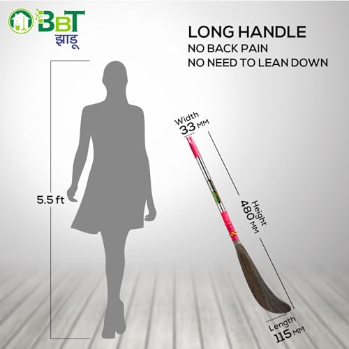 Image of BBT Phool Jhadu | Natural Grass Broom Stick for Home Cleaning | Eco-Friendly Long Handle Jhadu | Anti Dust, Lightweight & Durable Pack of- (1, BAHUBALI GAJRA)