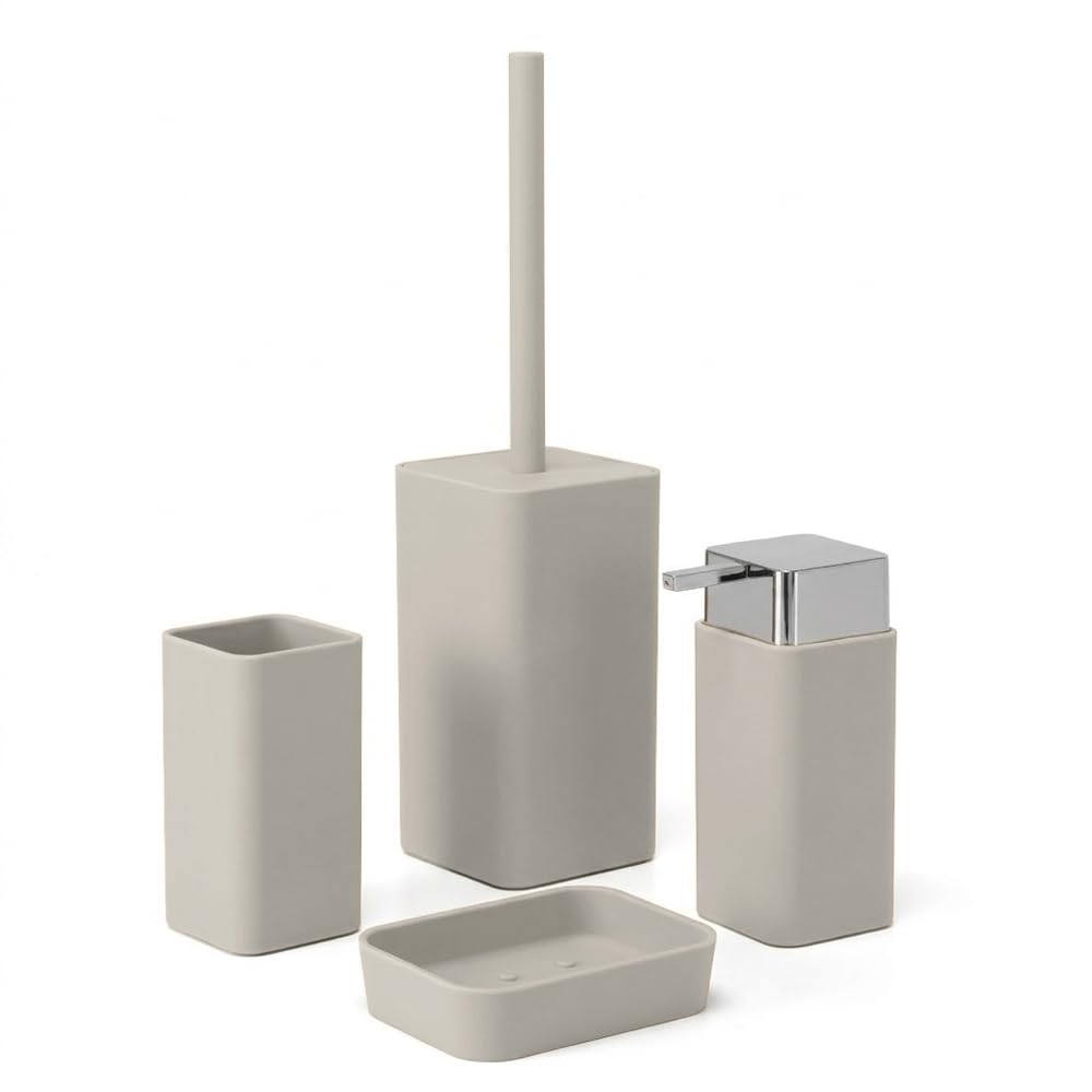 Set Accessori Bagno 4 Pezzi Beige E Cromo – Dispenser Sapone, Portaspazzolini, Portasapone E Porta scopino WC In Plastica – Linea Star