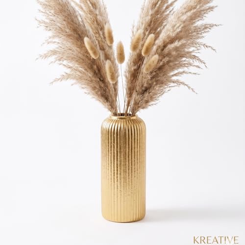 Image of KREATIVE ART'S Modern Ribbed Design Ceramic Flower Vase for Living Room, Flower Pots for Artificial Flower, Home Decoration Item, Home Decor, Vases for Living Room (Gold, Large)