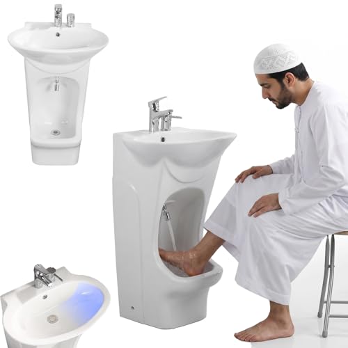 Lavabo de cerámica de doble etapa, grifo giratorio de 360 grados con zona de lavado de pies, fregadero vertical Wudu para rituales de baño, diseño de porcelana resistente, kit completo de accesorios