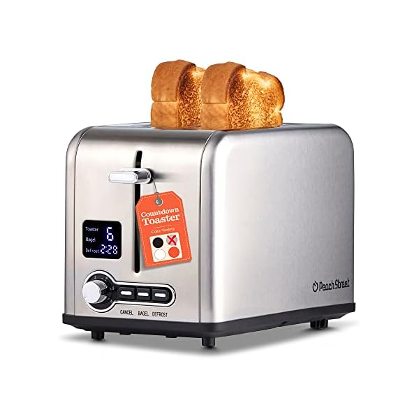 Peach Street 2 Slice Toaster Compact Bread Toaster with Digital Countdown, Wide Slots, Auto-Pop Stainless Steel, 6 Browning Levels, Removable Crumb Tray, with Defrost, Bagel, and Cancel Function