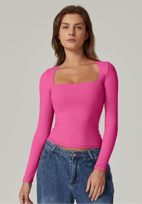 QINSEN Women's Sexy Square Neck Shirt Long Sleeve Double Lined Tees Fitted Going Out Tops - Image 3