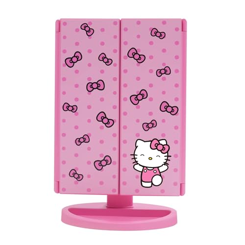 Impressions Vanity Hello Kitty Pink A Dot Trifold LED Makeup Mirror with Artwork, Vanity Mirror with Strip LED Tri Tone Light, Dual Magnification Touch Sensor, and Adjustable Tilt, Catchall Storage