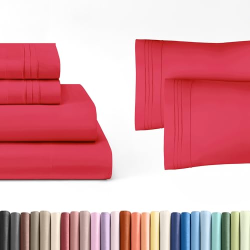 CGK Unlimited 4 Piece Red Twin Bed Sheet Set + 2 Extra Pillowcases Bundle – 16” Deep Pockets – Flat Sheet 66 x 96, Fitted Sheet 39 x 75 and 4 Pillowcases 20 x 30 – Oeko-TEX Twin Fitted Sheet