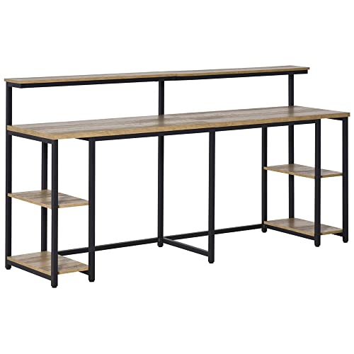 HOMCOM Scrivania Doppia con Scaffali e Mensola per Monitor in Stile Industriale, Scrivania con Libreria Salvaspazio per Ufficio e Studio in Metallo e MDF, 200x53x100cm, Nero Marrone