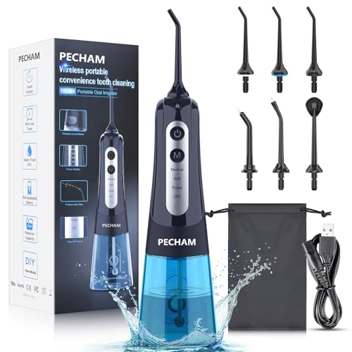 PECHAM Irrigadores Bucales, Irrigador Dental Inalámbrico Portátil con 4 Boquillas 4 Modos 300 ML,...