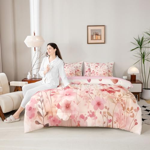 Image of Erosebridal Poppy Flowers 7 Pieces Bedding Set Pink Valentine Twin Comforter Set for Girls Kids Romantic Love Heart Shaped Bed in A Bag with Flat and Fitted Sheet Spring Floral Bed Set