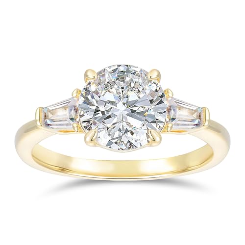 14K White Gold Round Cut Moissanite Rings 3 Stone Engagement Rings Baguette Side Stone Ring 14K Engagement Ring for Women