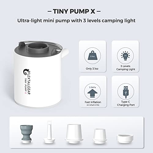 Flextailgear Tiny Pump X Portable Air Pump+ Camping Light Ultra-Mini Air Pump With 1300Mah Battery Usb Rechargeable For Pool Floats Air Bed Air Mattress Swimming Ring Vacuum Storage Bags (Grey - X) #TOP1