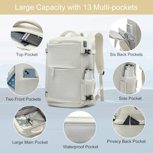 CAMTOP 40L Travel Backpack for Women Men, Lightweight Carry on Backpack for Flight Approved Expandable Personal Item Travel Bag with Makeup Bag Water Resistant Luggage Fits 17.3" Laptop (Beige) - Image 4