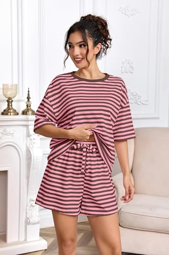 Image of Ythomm Striped Pajamas Shorts Sets Women 2 Piece Lounge Outfits Short Sleeve Tees Drawstring Shorts Summer Matching Pj Sets