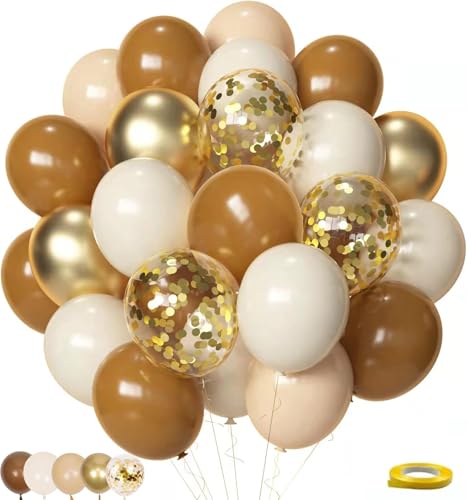 Image of Brown and Gold Balloons, 12 Inch Light Sand White Confetti Balloons for Neutral Bridal Shower, Birthday, Baby Shower Party Decorations