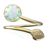 Gold Plated White Opal Ring For Woman – 14K Gold Filled Stylish Wrapped Leaf Ring With 6mm White Fire Opal – Adjustable Comfortable And The Perfect Gift For Your Loved One