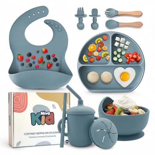 vajilla bebe silicona, Ideal como regalo bebe, Set comida bebe con plato ventosa cubiertos Infantiles ergonómicos y vaso, Kit vajilla 1 año sin BPA, Seguro, bonito y fácil de limpiar (Azul)