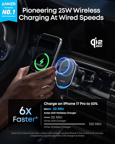 Image of Anker Prime MagSafe Car Mount Charger, Qi2 25W Certified Wireless Car Charger with AirCool, Strong Magnets, Air Vent Mount for iPhone 17-12 Series