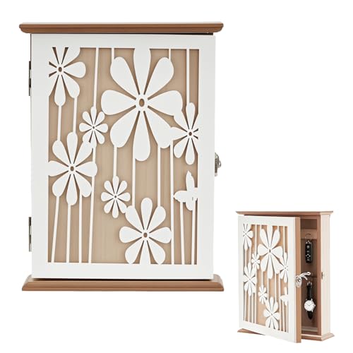 Wooden Key Cabinet, Elegant Daisy Wood Key Cupboard Wall Mounted Vintage Wooden Key Storage Box 26 × 20 × 6cm with 6 Hooks to Store Jewelry & Small Items for Entrances Offices (White Daisies)