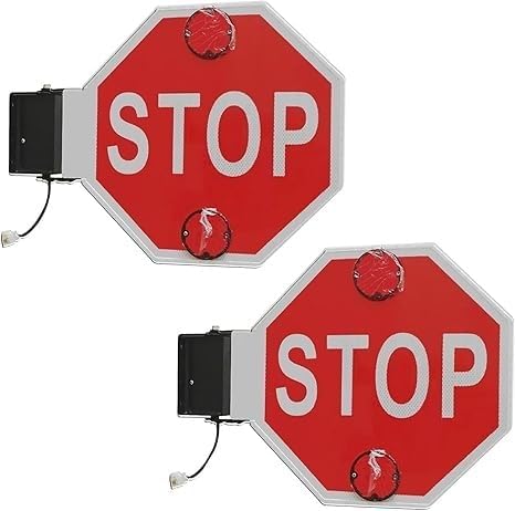 Double-Sided School Bus Stop Sign with LED Warning Lights Reflective Aluminum Arm Signal, Solar Powered Electronic Controller for High-Visibility Bus Safety(2pcs,12v)