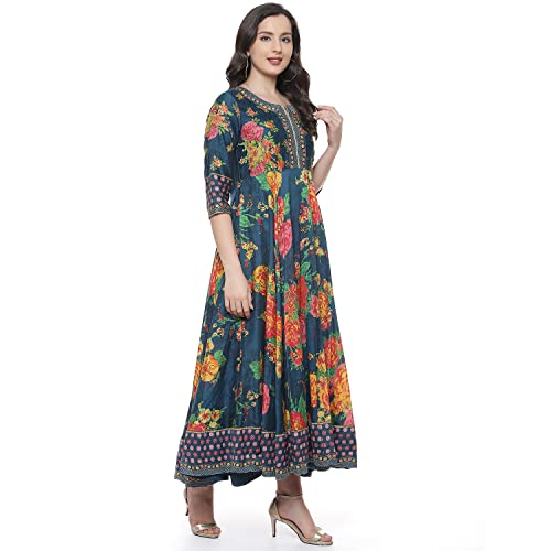 Image of BIBA Women's Fit and Flare Cotton Flared Fusion Printed Below The Knee Dress