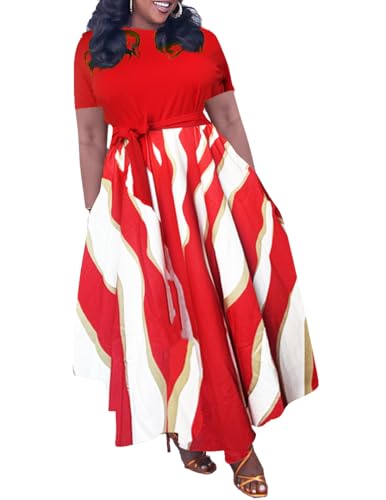 Image of Hostoyo Women Plus Size Formal A Line Maxi Dress Self Tie Waist with Pockets Elegant Round Neck Swing Long Dresses