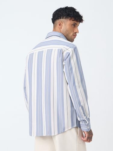 Image of The Souled Store Stripe Shirt: Clash Men and Boys Long Sleeve Spread Collar Light Blue Striped Casual Everyday Office Wear Ligthweight Cotton Relaxed Shirt