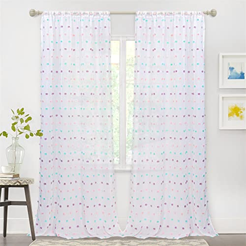 Image of MYSKY HOME Rainbow Pom Pom Sheer Curtains for Living Room 95 Inch 2 Panels