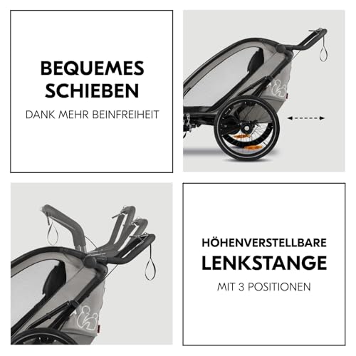 hauck Bike N Walk Duo, Light Grey - 3in1 Fahrradanhänger Komplett Set für 2 Kinder 6M+ bis 22 kg / 120 cm mit Federung, Handbremse, Verstellbare Rückenlehnen, Kofferraum, Inkl. Zubehör