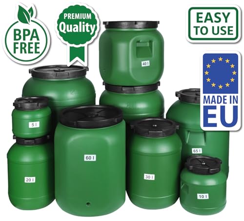 F & R Regentonne mit Deckel 60 Liter aus HDPE I Futtertonne Pferd I Wassertank Fass Tonne mit Deckel I Regenfass für Garten I Regenwassertonne I Wassertonne I Gärfass I Regenwassertank