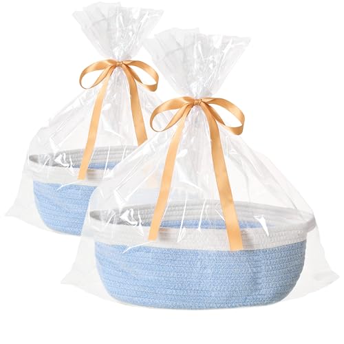 Image of 2-Pack Small Woven Gift Baskets Empty with Bags & Ribbons, Storage Basket for Father's Day for Dad, Baby Shower, Raffle, Birthday, Cute Organizer with Handles, 12 inchx8 inchx5 inch, Blue&White