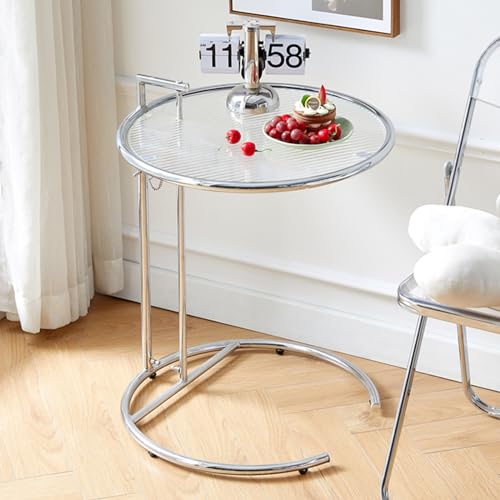 Mesa auxiliar de cristal ajustable redonda en forma de C con asa, parte superior de vidrio templado, pequeña mesa auxiliar para sala de estar y dormitorio, mesita de noche moderna
