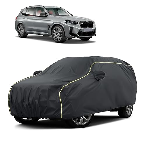 Image of Sulfar 100% Water Resistant Car Body Cover Compatible with Mirror for BMW M Series (Triple Stitched, Full Bottom Elastic, Dark Grey Taffeta with Yellow Piping)