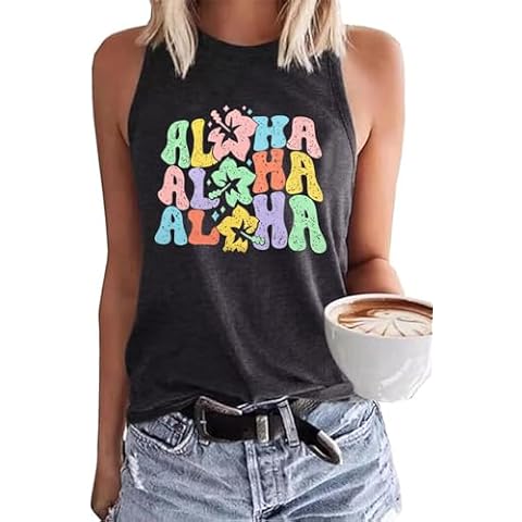 JMFXB Women Summer Tank Tops Beach Graphic Casual Tanks Tops Sleeveless Hawaii Trip Vacation Tank Cami(Grey1,XL) Cover
