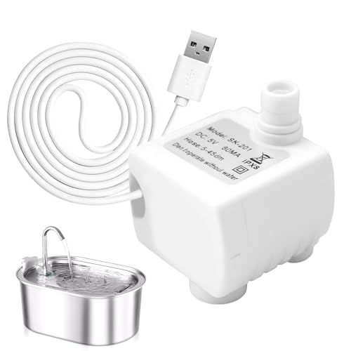 Mini Bomba de Agua para Fuente de Gatos 5V USB 200 L/H, Súper Silenciosa y con Caudal Ajustable, Repuesto Universal para Fuentes de Mascotas, Acuarios Pequeños y Bebederos Automáticos, Fácil de Instal