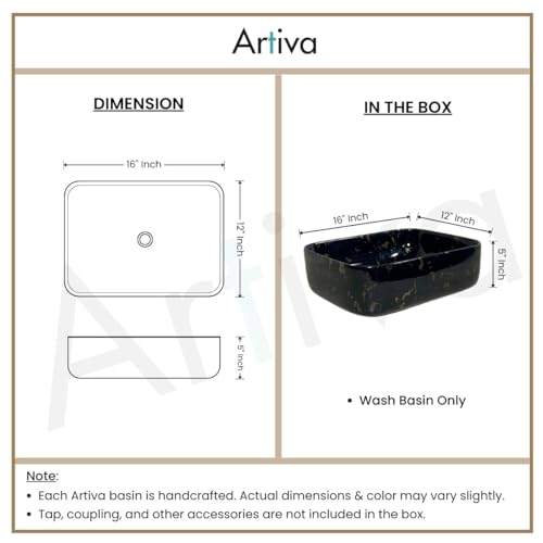 Image of Artiva Ceramic Wash Basin /Tabletop Washbasin For Bathroom,12 inchx16 inch /Small Countetop Bathroom Basin /Table Top Basin For Home,Office,Hotel /Rectangle Glossy Sink (Phoenix-Gold,12x16 Inch)