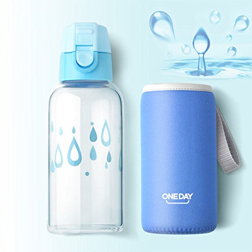 Blue Portable Glass Water Bottle Sports Bottle Drinking Cup Sleeve 350Ml