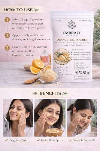 Image of Natural Orange Peel Powder for Face Pack | Brightens Skin, Reduces Dark Spots & Controls Oil | 100% Pure & Chemical-Free Herbal Powder (100g)