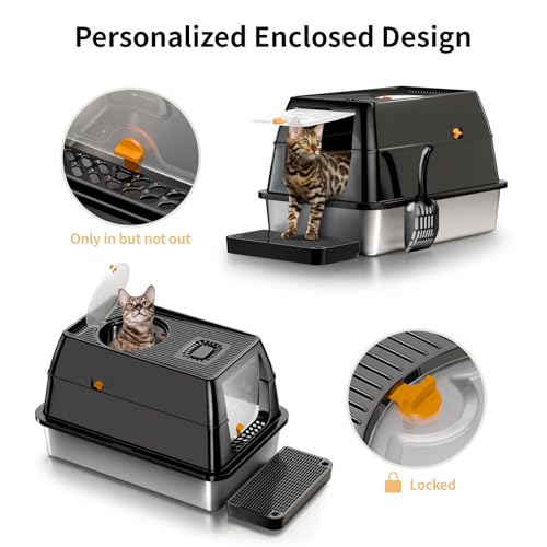 Image of XL Stainless Steel Cat Litter Box with Lid, Extra Large Enclosed Litter Box for Big Cats, High Sided Metal Litter Pan with Removable Lid& Scoop, Odor Free, Easy Cleaning, Anti-Urine Leakage