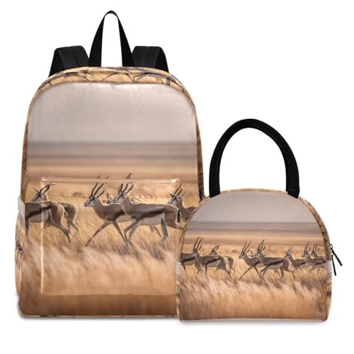 Backpack Lunch Bag Set Herd Of Gazelles Print, Big Storage Travel Backpacks with Insulated Lunch Box for Office Hiking Picnic