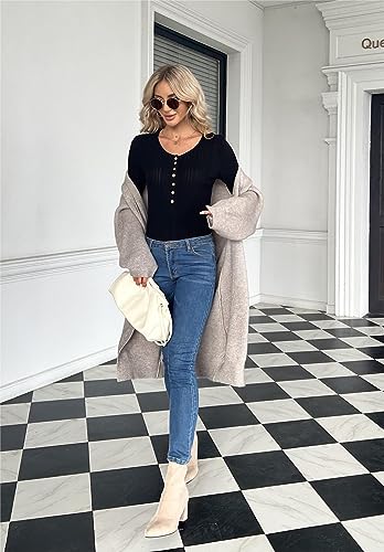 Zeagoo Ribbed Long Sleeve Tops For Women 2023 Henley Sweater Button V Neck Balck Fall Basic Knit Pullover Tops Xxl Black thumb #3
