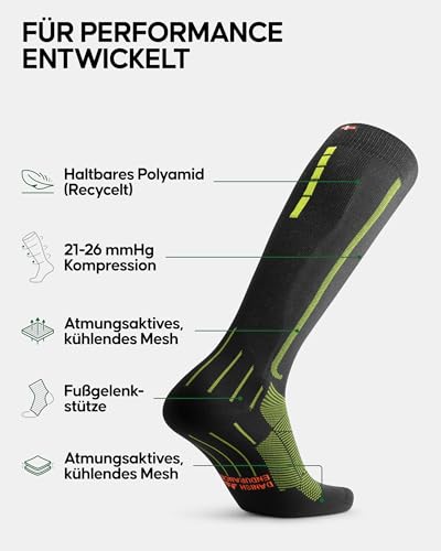 DANISH ENDURANCE Kompressionsstrümpfe, Sport Kompressionssocken, 21-26 mmHg, Unisex, für Herren & Damen, Schwarz/Gelb, 43-47