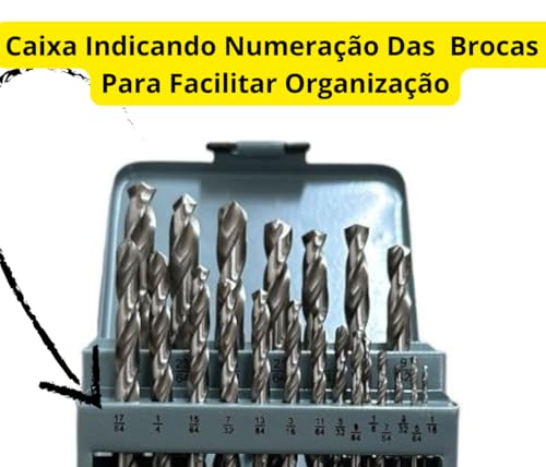 Jogo de Brocas de Aço Rápido em Polegadas, 21 Peças, com Maleta e Indicadores