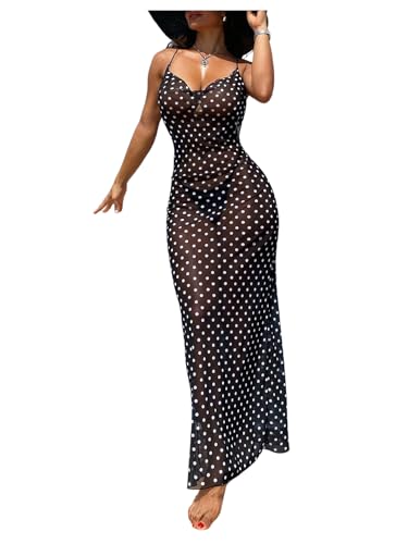 SHENHE Women's Sexy Polka Dots Dress Sheer Mesh Draped Front Open Back Swimsuit Beach Cover Up Maxi Dresses